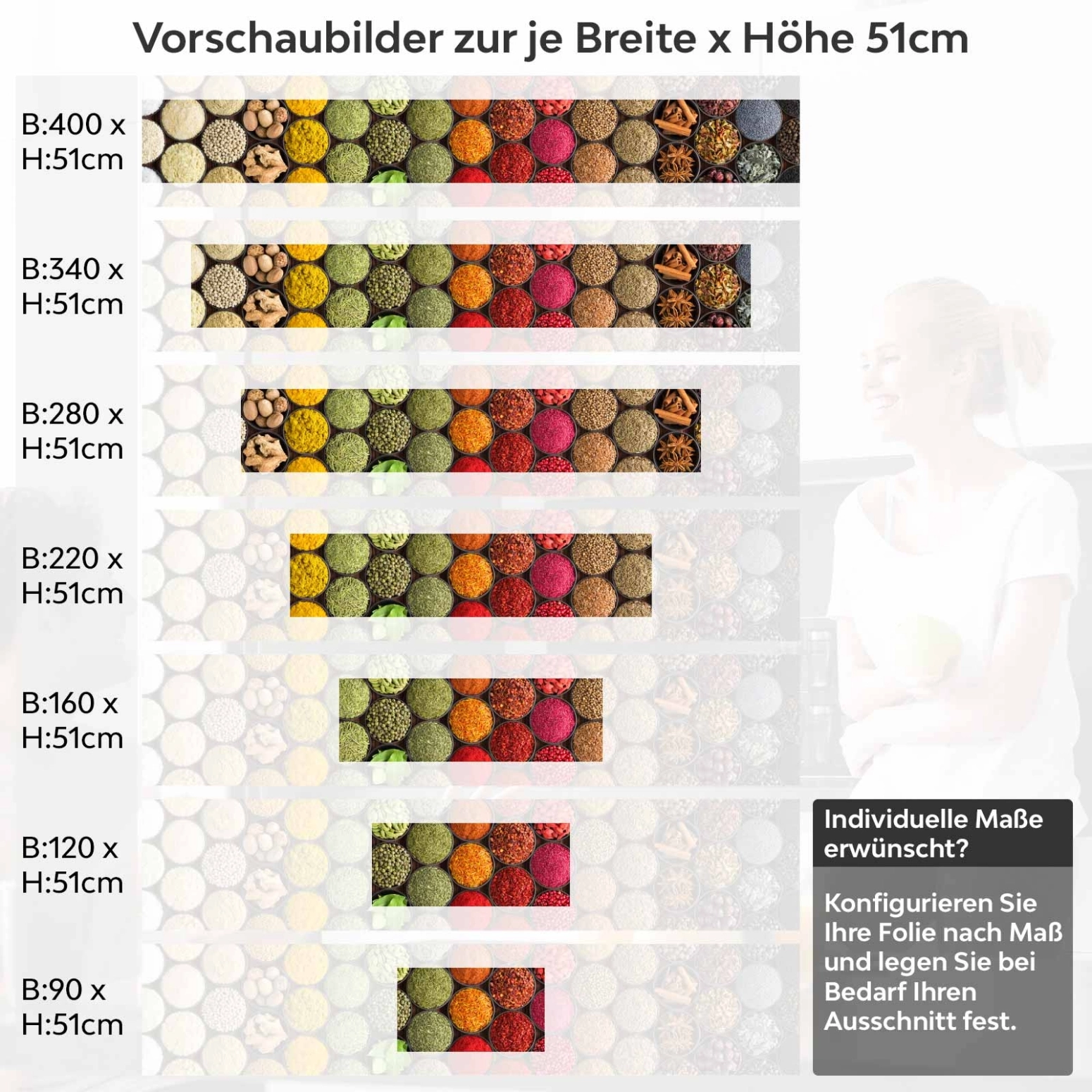 Küchenrückwand Folie bunte Gewürze Variantenauswahl Vorschaubild Höhe 51cm