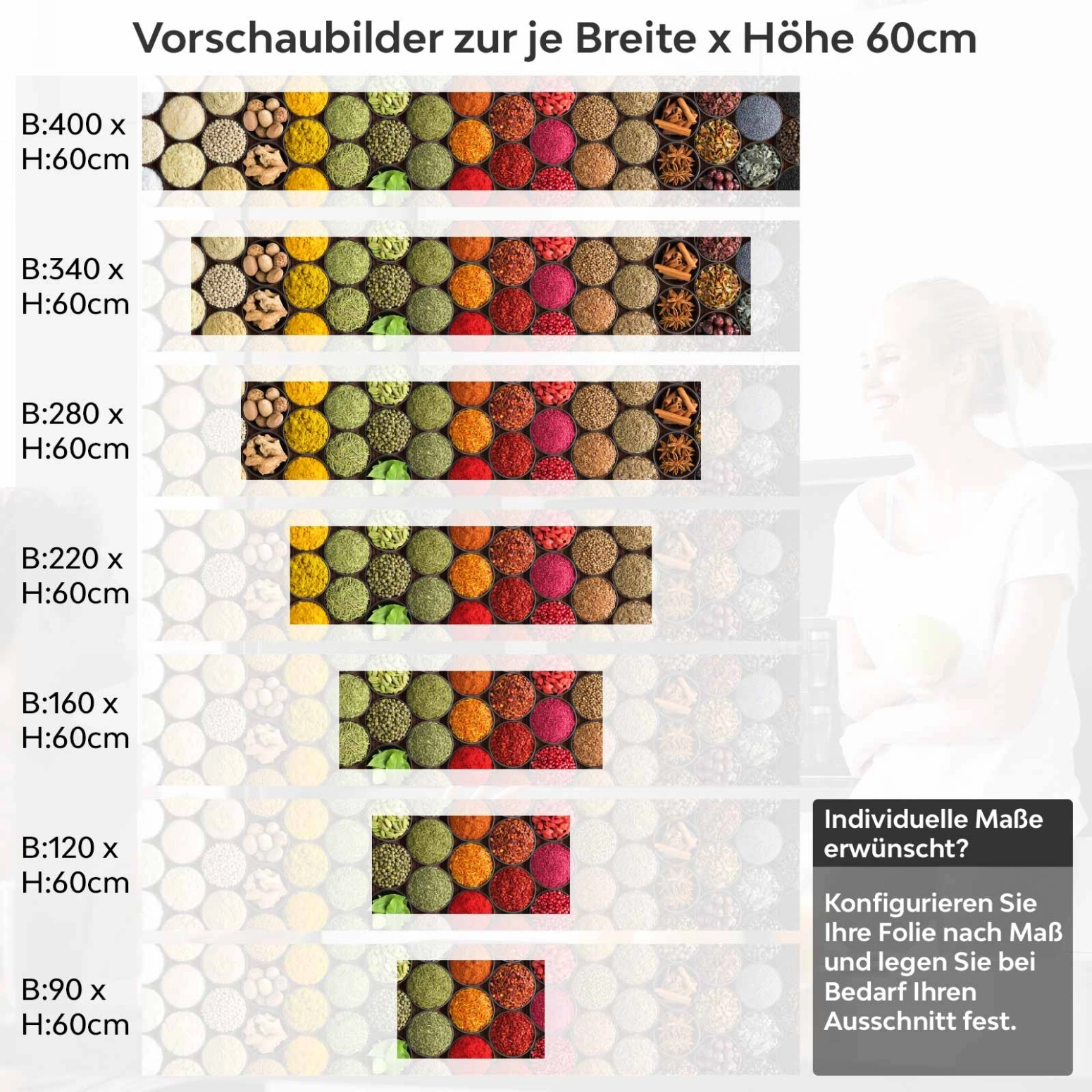 Küchenrückwand Folie bunte Gewürze Variantenauswahl Vorschaubild Höhe 60cm