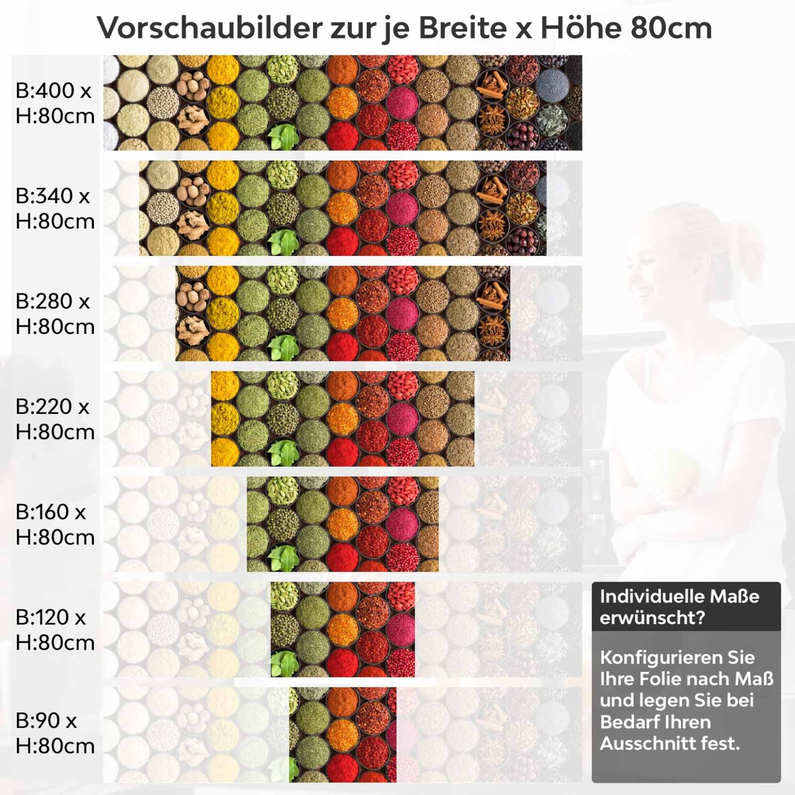 Küchenrückwand Folie bunte Gewürze Variantenauswahl Vorschaubild Höhe 80cm