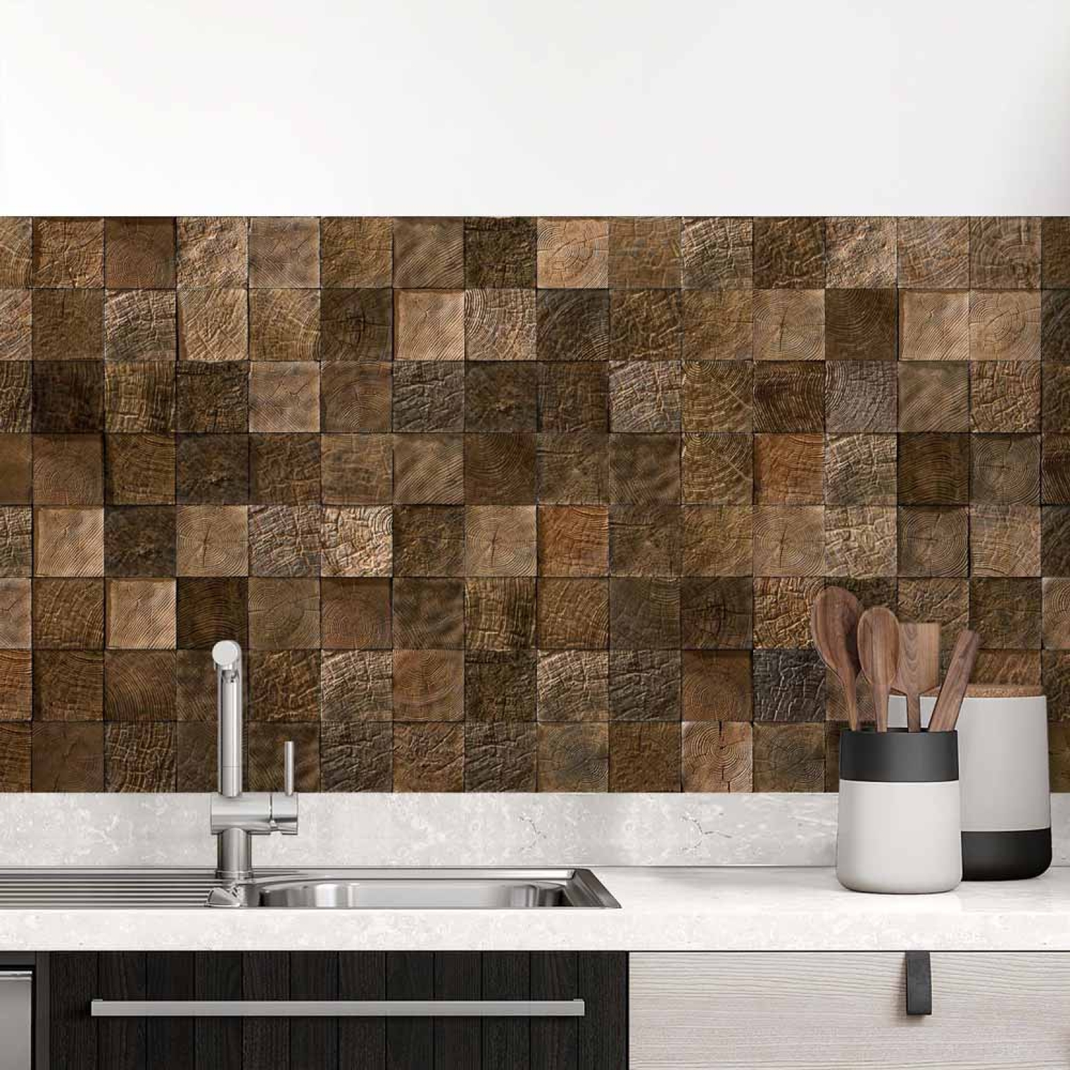 Küchenrückwand Folie Holzblock Mosaik Optik