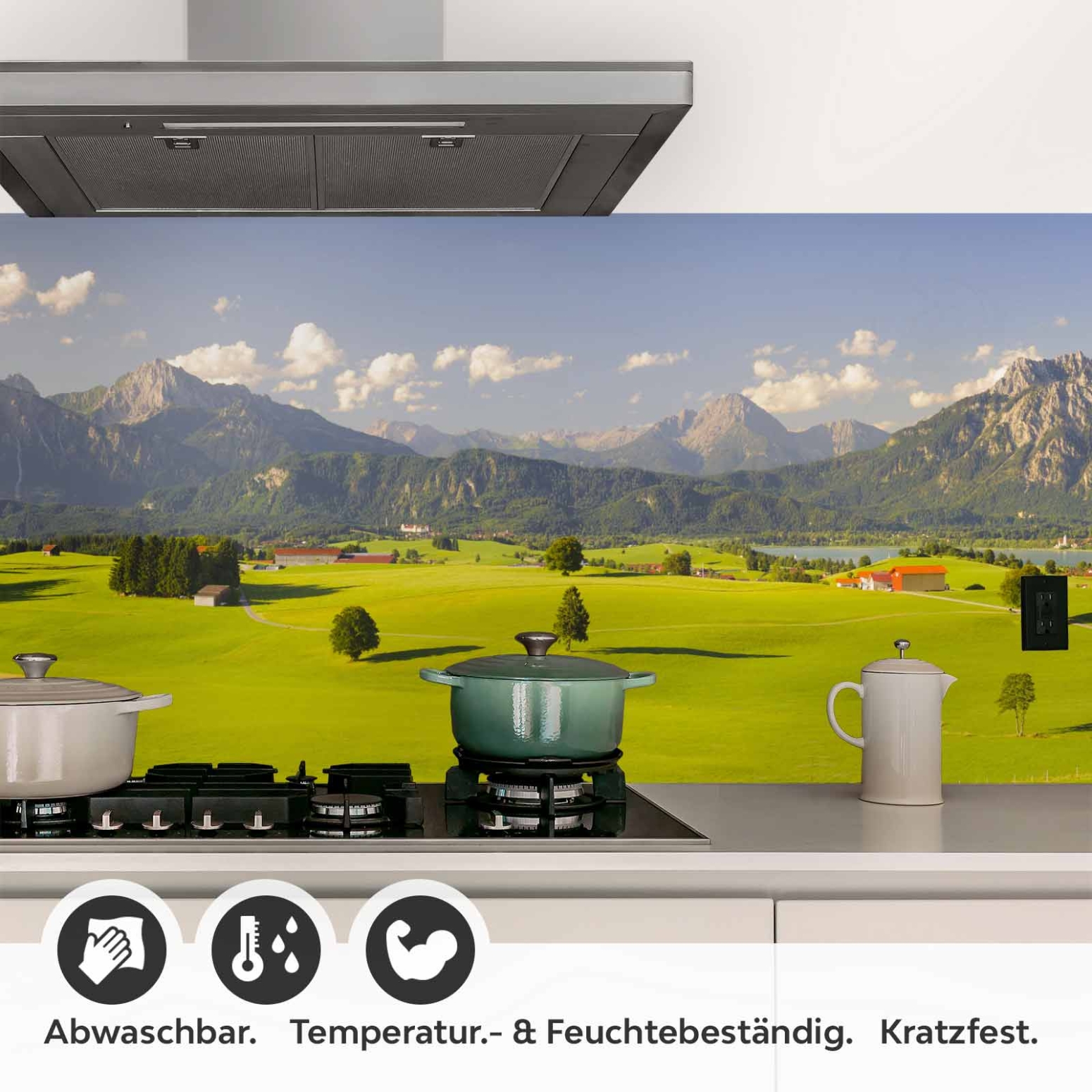 Küchenrückwand Folie grüne Weide Bergpanorama Detailbild 1