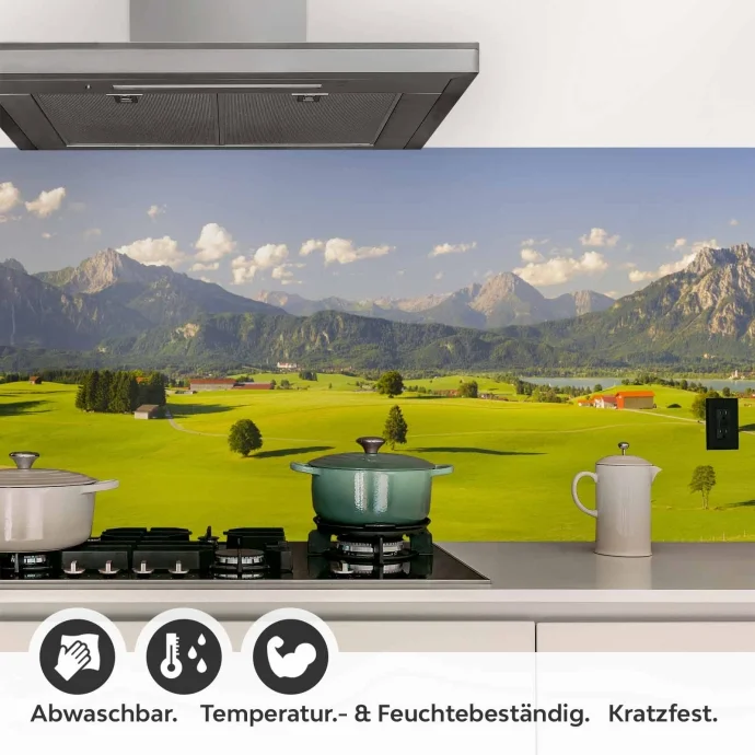 Küchenrückwand Folie grüne Weide Bergpanorama Detailbild 1