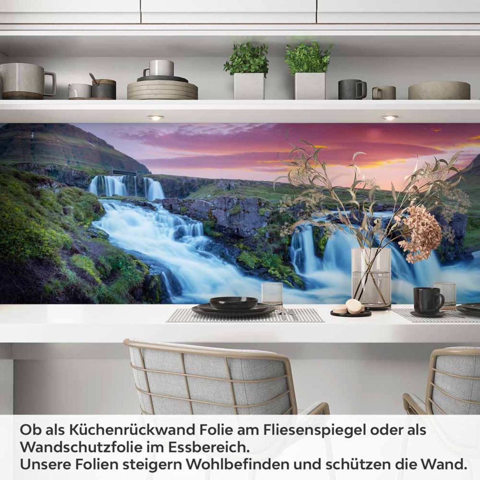 Küchenrückwand Folie Wasserfall & Bergsee am Abendlicht Artikelbild 1