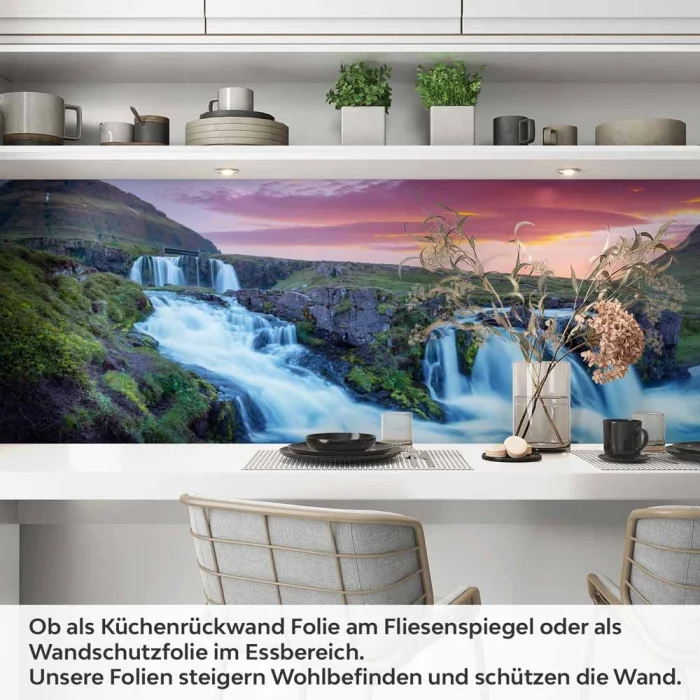 Küchenrückwand Folie Wasserfall & Bergsee am Abendlicht Artikelbild 1