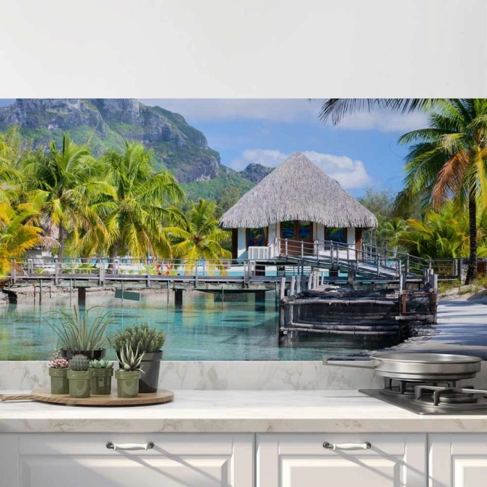 Küchenrückwand Folie tropische Hütte am Steg