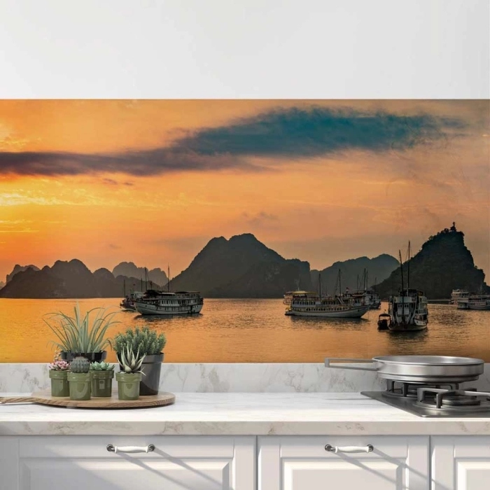 Küchenrückwand Folie Inselfelsen im Abendlicht