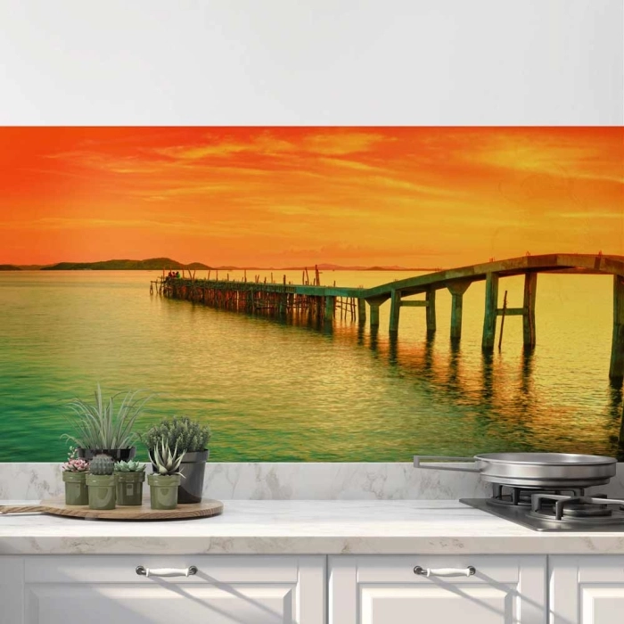Küchenrückwand Folie Steg & Ozean im Abendlicht