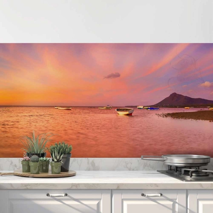 Küchenrückwand Folie Holzboote im Meer
