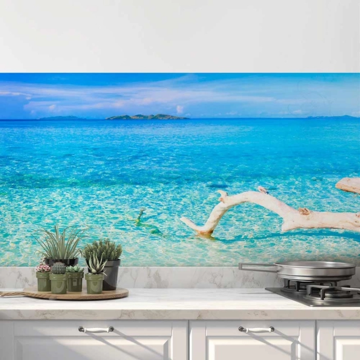 Küchenrückwand Folie Treibholz im kristallklarem Meer