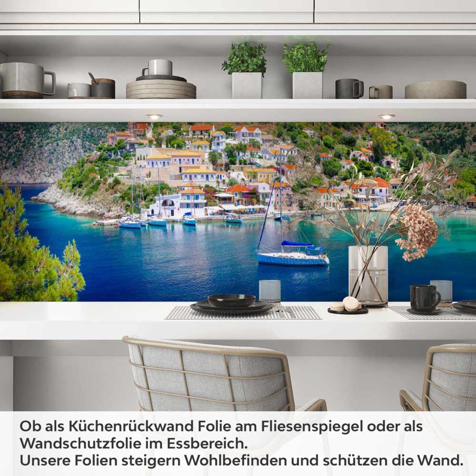 Küchenrückwand Folie Segelschiff vor buntem Küstendorf Artikelbild 1
