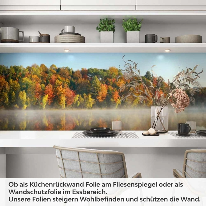 Küchenrückwand Folie Herbstpanorama mit Nebelschleier am See Artikelbild 1