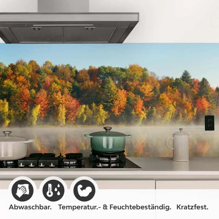 Küchenrückwand Folie Herbstpanorama mit Nebelschleier am See Detailbild 1