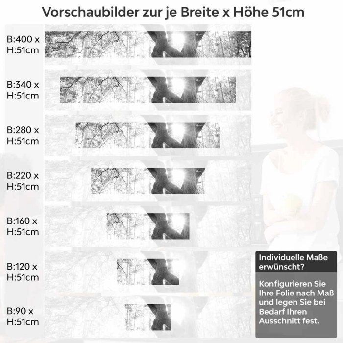 Küchenrückwand Folie Baum im Licht - Schwarz-Weiß Waldmotiv Höhe 51cm