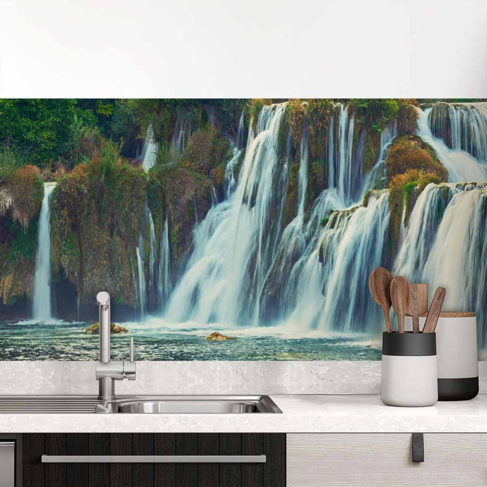 Küchenrückwand Folie Wald & Wasserfall