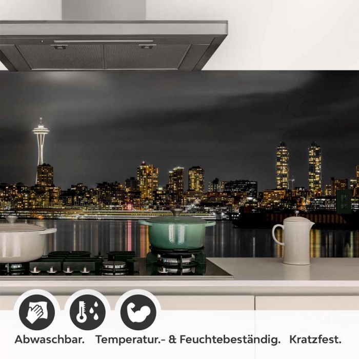 Küchenrückwand Folie Skyline-Lichter im Spiegel des Sees Detailbild 1
