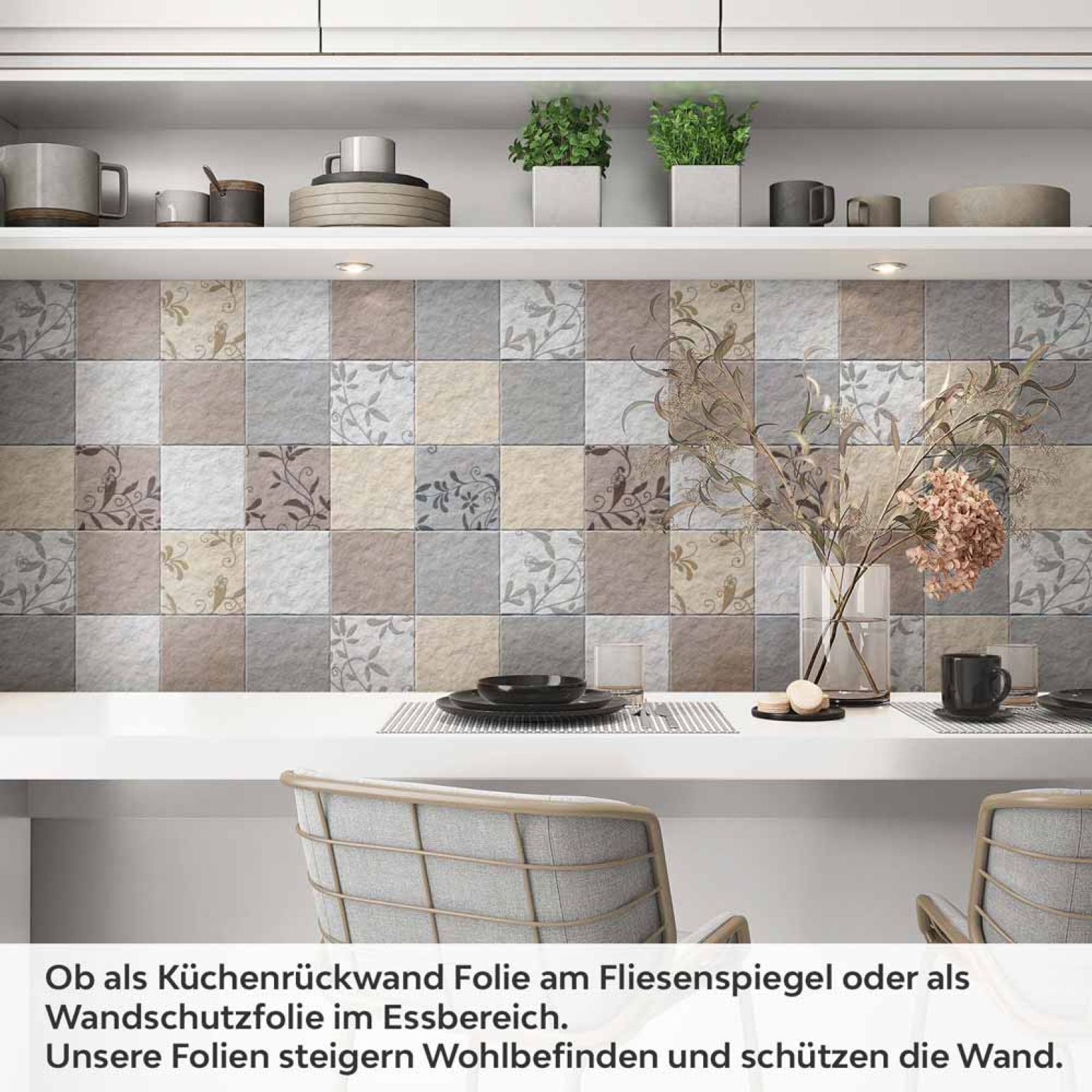 Küchenrückwand Folie Fliesenoptik Floral - Dezent mit Blumendetails Artikelbild 1