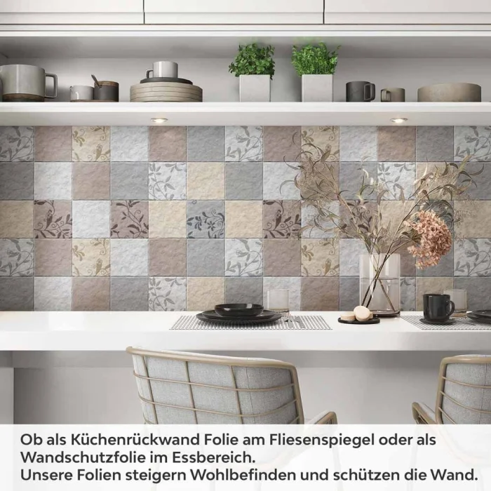 Küchenrückwand Folie Fliesenoptik Floral - Dezent mit Blumendetails Artikelbild 1