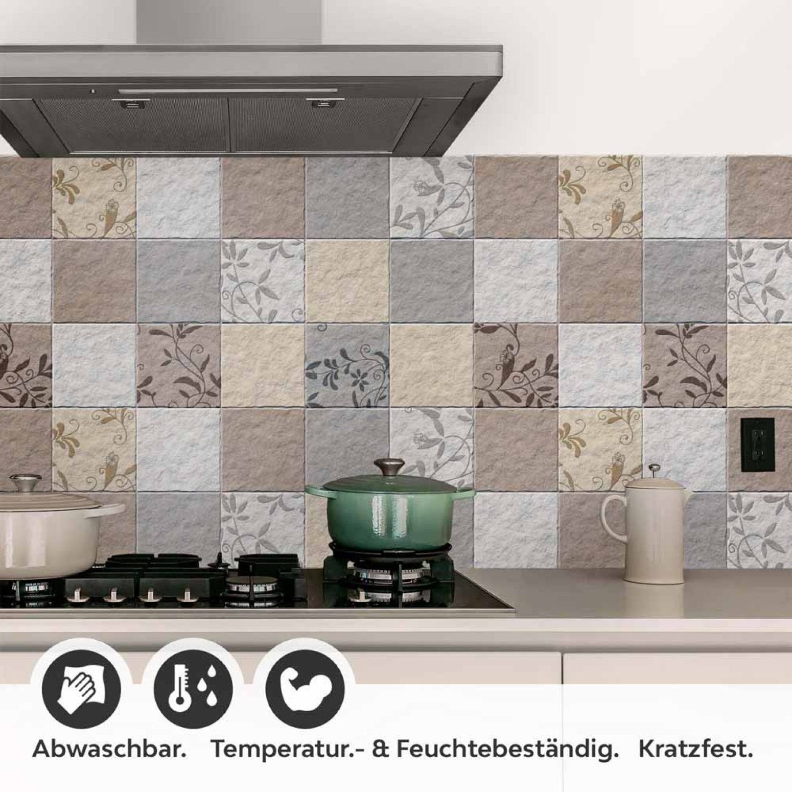Küchenrückwand Folie Fliesenoptik Floral - Dezent mit Blumendetails Detailbild 1