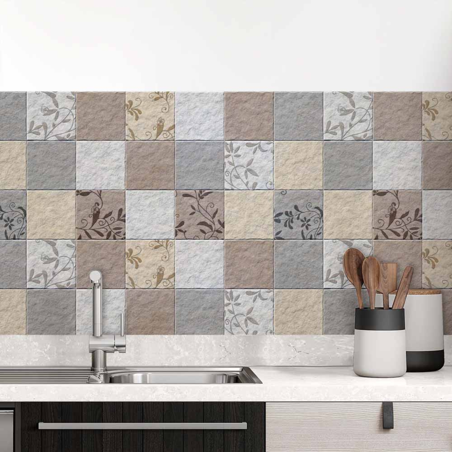 Küchenrückwand Folie Fliesenoptik Floral - Dezent mit Blumendetails