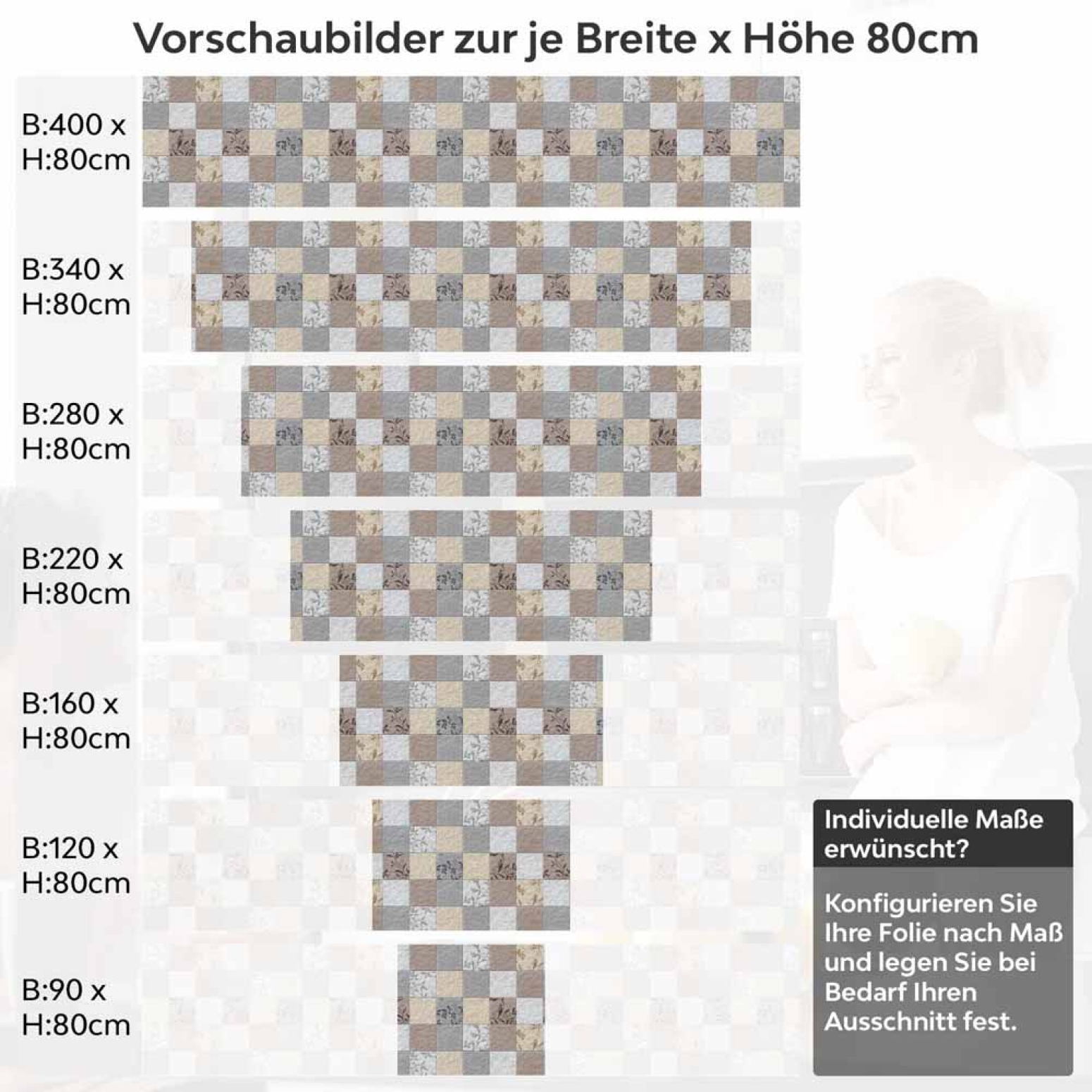 Küchenrückwand Folie Fliesenoptik Floral - Dezent mit Blumendetails Höhe 80cm