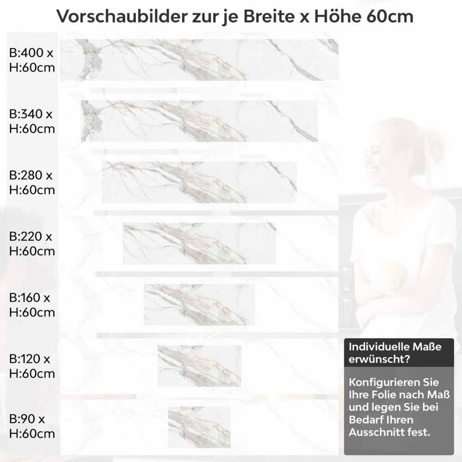 Küchenrückwand Folie Marmordesign mit grauen Adern Höhe 60cm