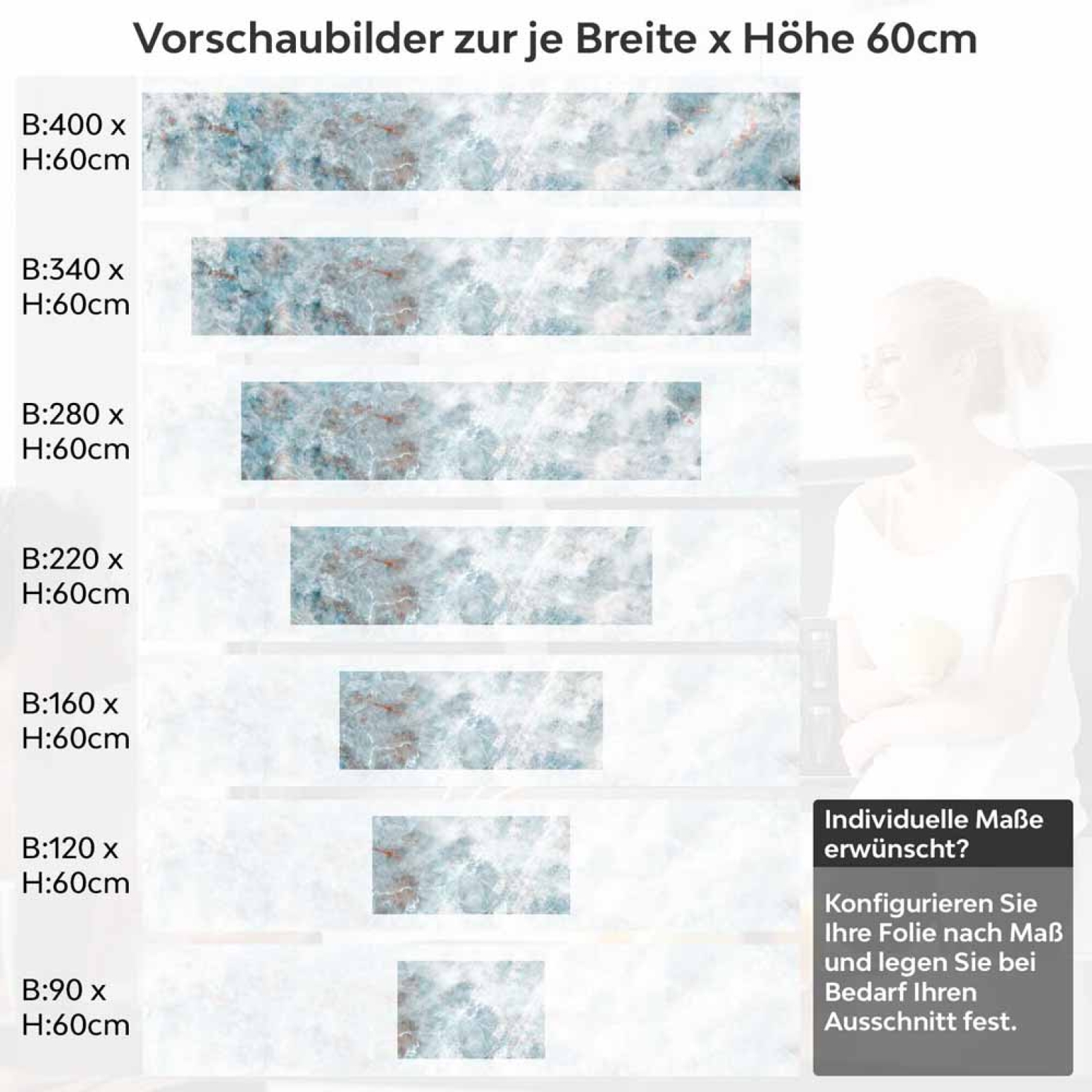 Küchenrückwand Folie abstrakte Marmorstruktur in Blautönen Höhe 60cm