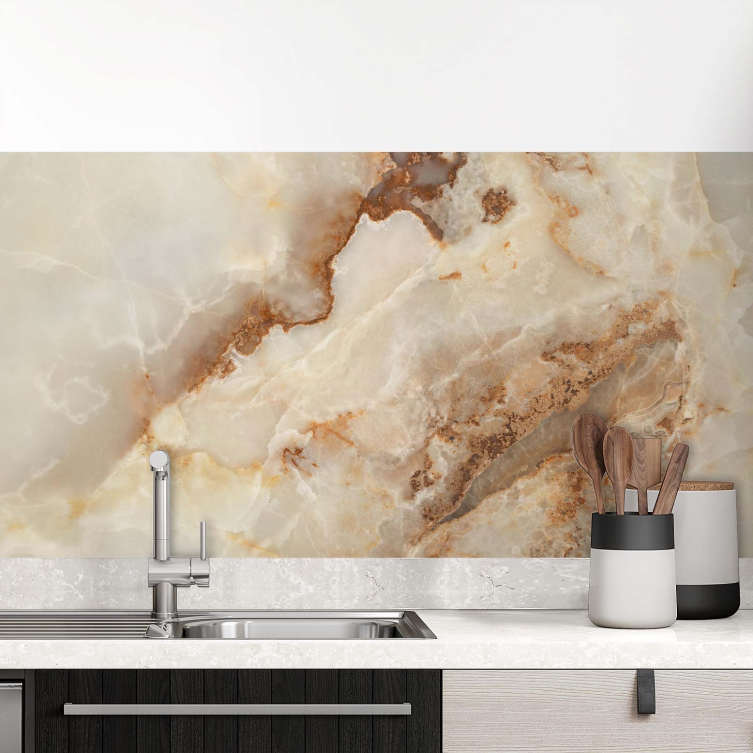 Küchenrückwand Folie Marmoroptik in beige & braun - Luxuriös und warm