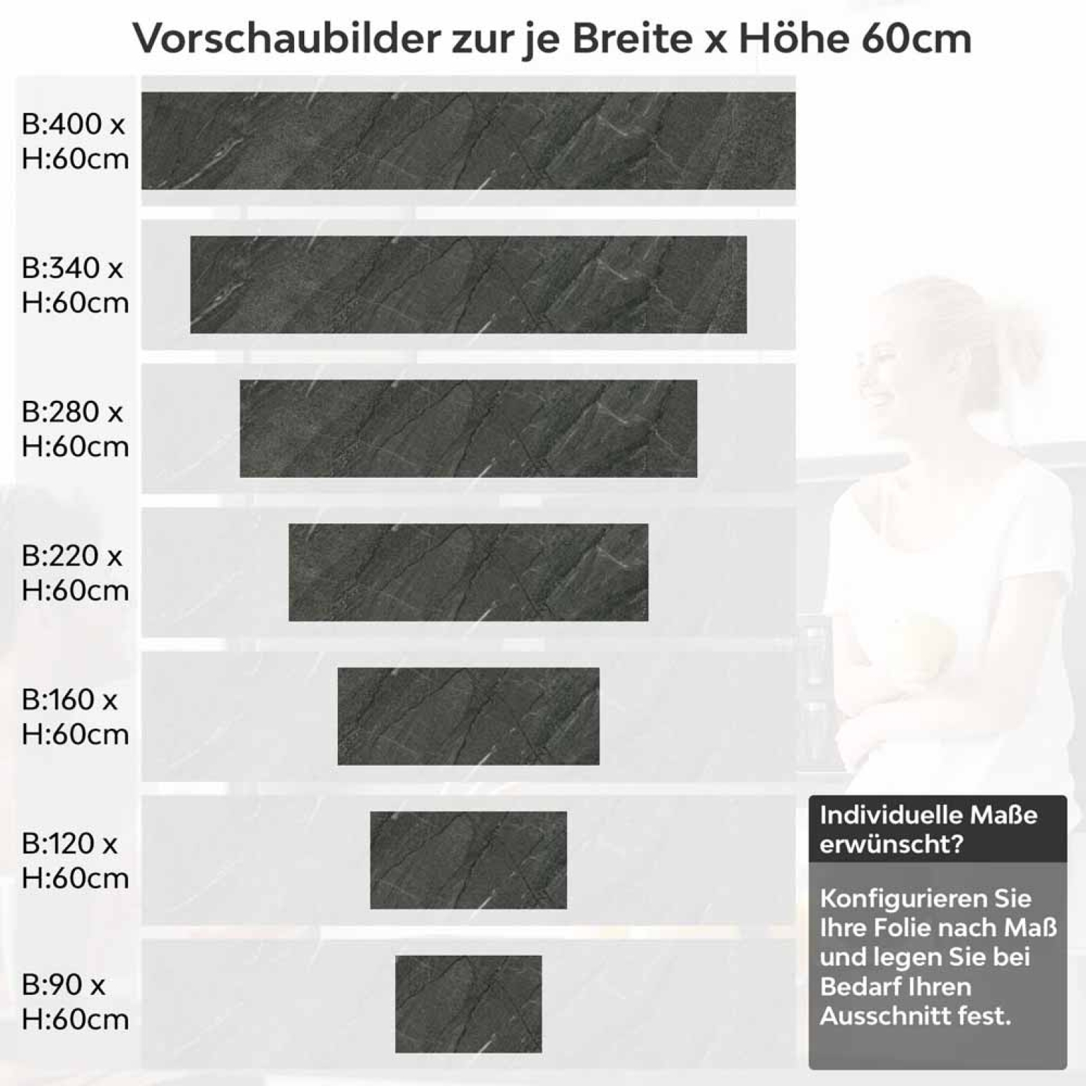 Küchenrückwand Folie edler Marmorlook in Dunkelgrau Höhe 60cm