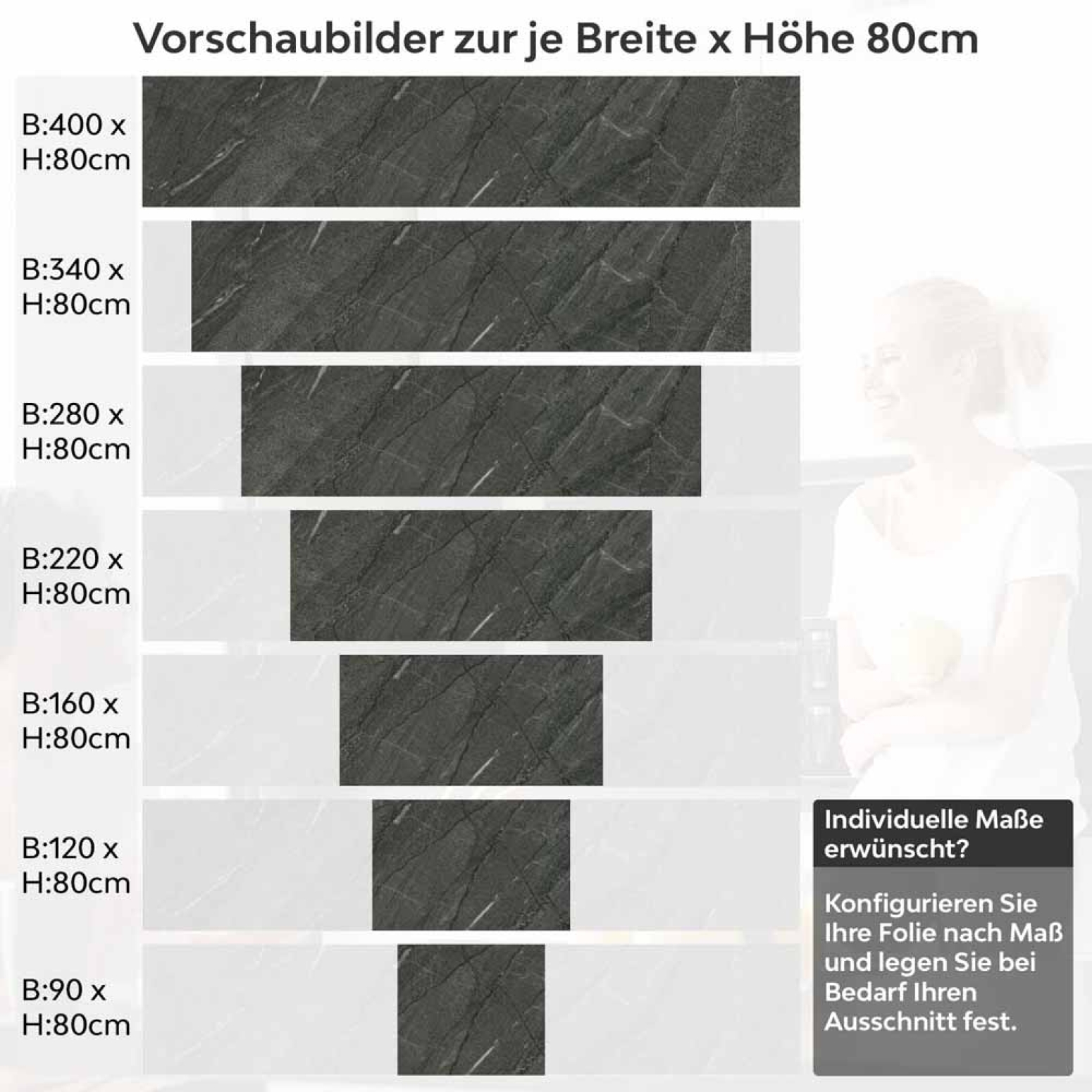 Küchenrückwand Folie edler Marmorlook in Dunkelgrau Höhe 80cm