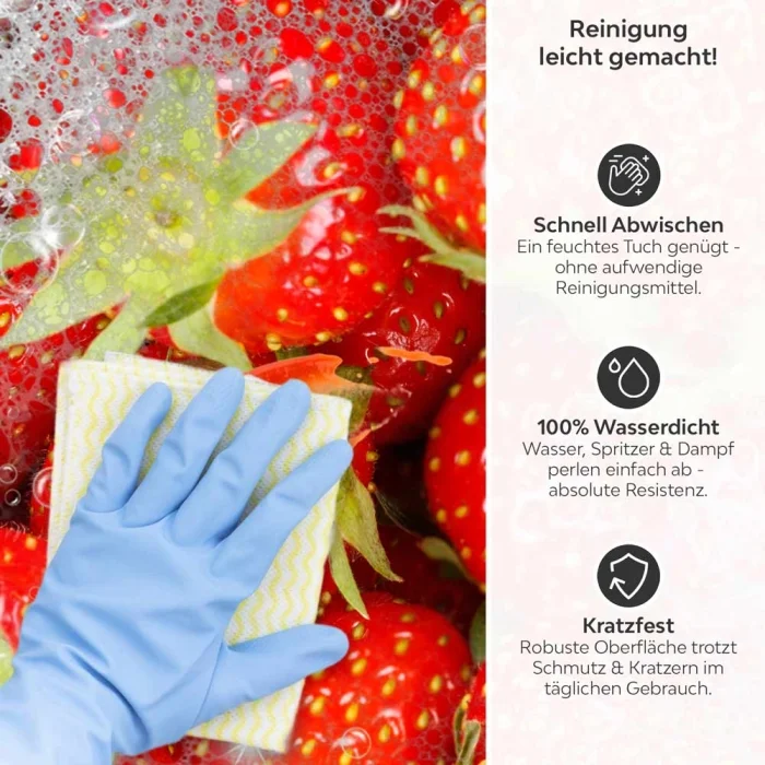 Küchenrückwand Platte Sommerliche Erdbeeren Produktdetailbild 3: Reinigung leicht gemacht!