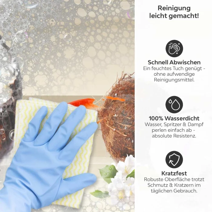 Küchenrückwand Platte Coconuts Produktdetailbild 3: Reinigung leicht gemacht!