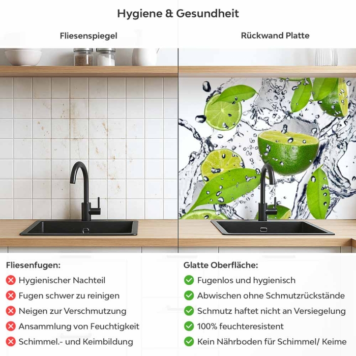 Küchenrückwand Platte Spritzige Limetten Produktdetailbild 2: Hygiene und Gesundheit!