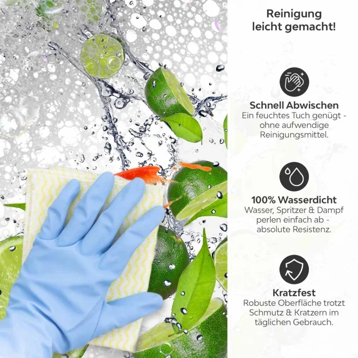 Küchenrückwand Platte Spritzige Limetten Produktdetailbild 3: Reinigung leicht gemacht!