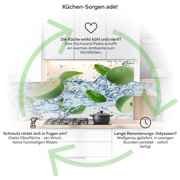 Küchenrückwand Platte Spritzige Limetten & Eiswürfel Produktdetailbild 1: Küchen-Sorgen ade!