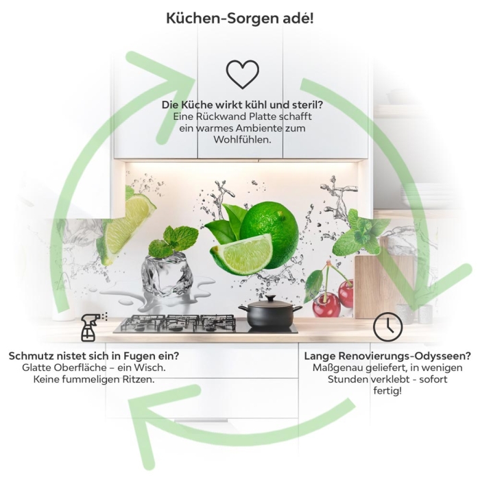 Küchenrückwand Platte Spritzige Limetten & Kirschen Produktdetailbild 1: Küchen-Sorgen ade!