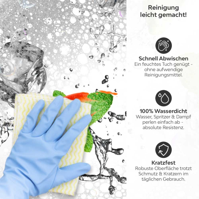 Küchenrückwand Platte Spritzige Limetten & Kirschen Produktdetailbild 3: Reinigung leicht gemacht!