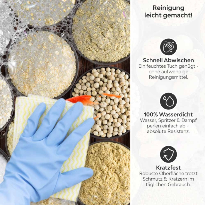 Küchenrückwand Platte Bunte Gewürzvielfalt Produktdetailbild 3: Reinigung leicht gemacht!