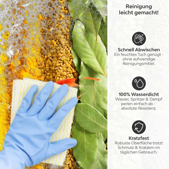 Küchenrückwand Platte Aromatische Gewürzstreifen Produktdetailbild 3: Reinigung leicht gemacht!