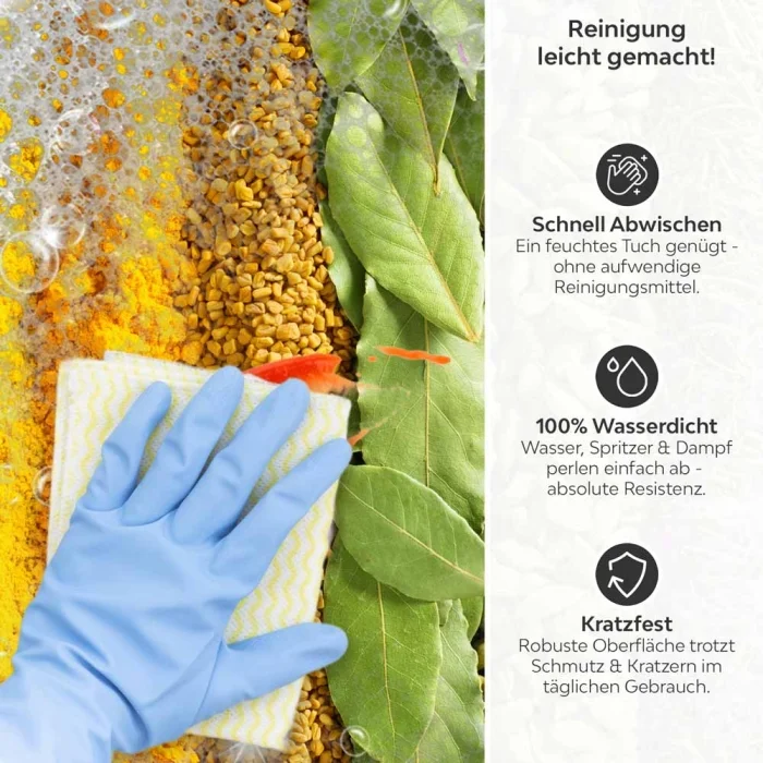 Küchenrückwand Platte Aromatische Gewürzstreifen Produktdetailbild 3: Reinigung leicht gemacht!