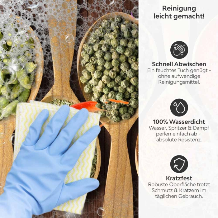 Küchenrückwand Platte Löffel voller Würze Produktdetailbild 3: Reinigung leicht gemacht!