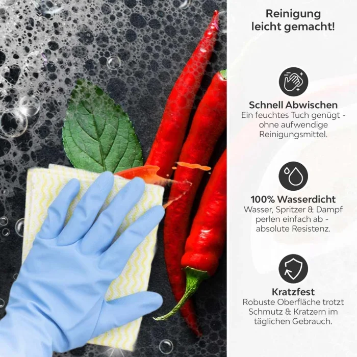 Küchenrückwand Platte Chili & Gewürze auf Tafel Produktdetailbild 3: Reinigung leicht gemacht!