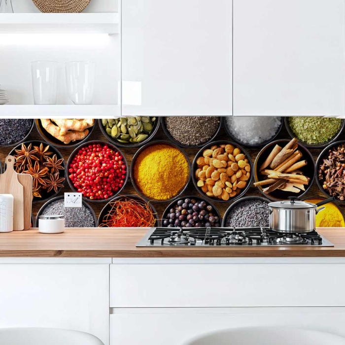 Küchenrückwand Platte Gewürz‑Bowls mit Nüssen & Samen Artikelbild 1