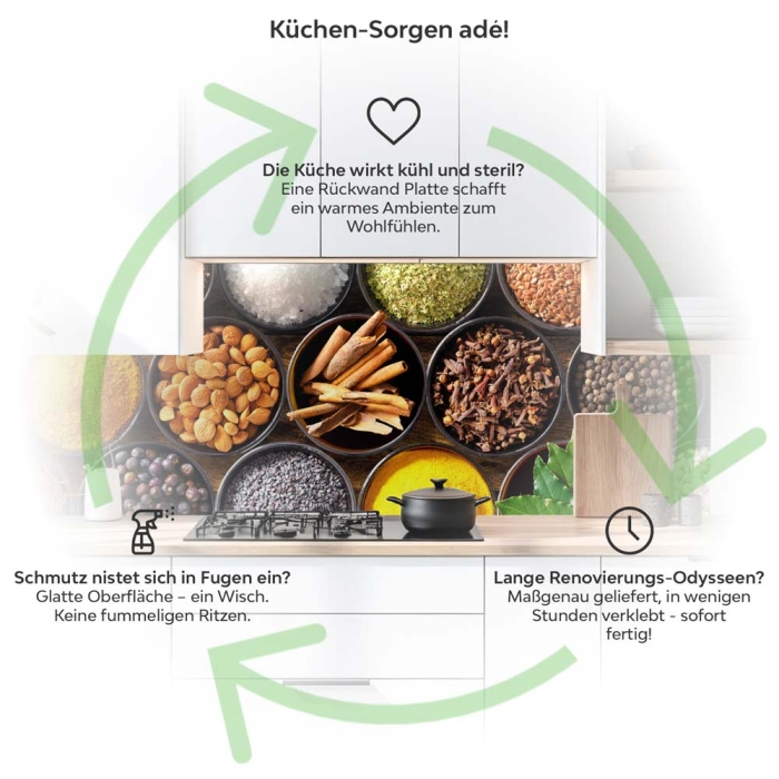 Küchenrückwand Platte Gewürz‑Bowls mit Nüssen & Samen Produktdetailbild 1: Küchen-Sorgen ade!
