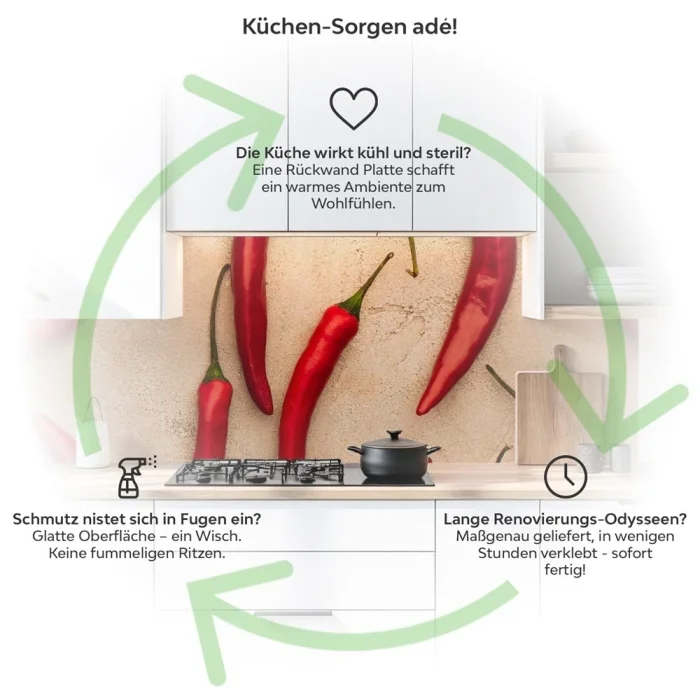 Küchenrückwand Platte Scharfe Chili‑Schoten Produktdetailbild 1: Küchen-Sorgen ade!