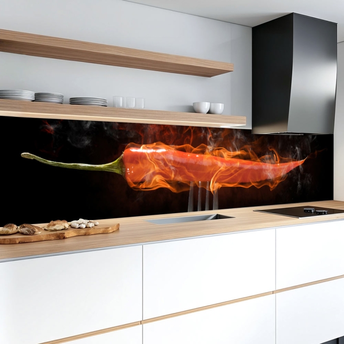 Küchenrückwand Platte | Chili­ Peperoni in Flammen