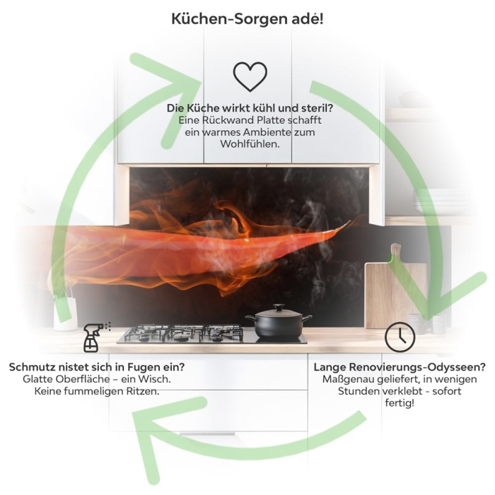 Küchenrückwand Platte Chili­ Peperoni in Flammen Produktdetailbild 1: Küchen-Sorgen ade!