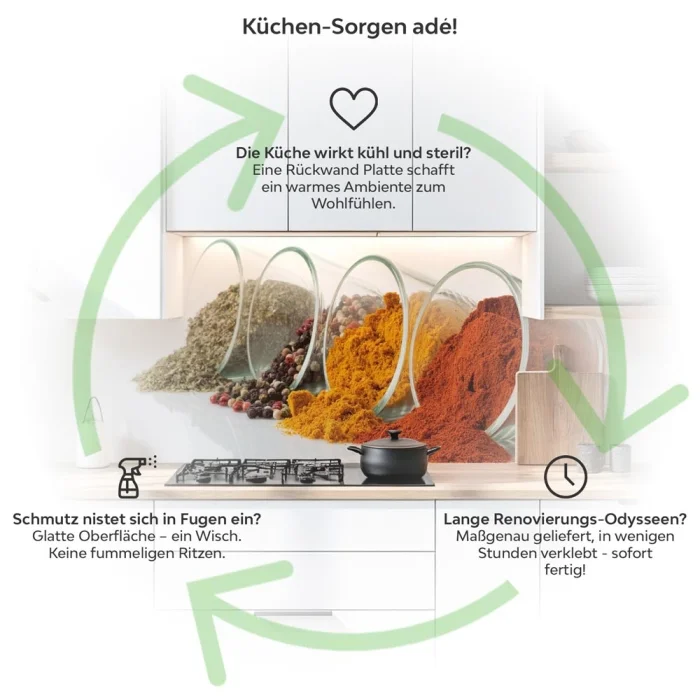 Küchenrückwand Platte Gewürzvielfalt im Glas Produktdetailbild 1: Küchen-Sorgen ade!
