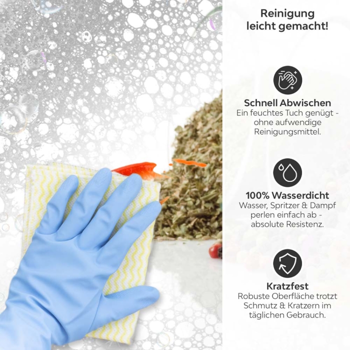 Küchenrückwand Platte Gewürzvielfalt im Glas Produktdetailbild 3: Reinigung leicht gemacht!