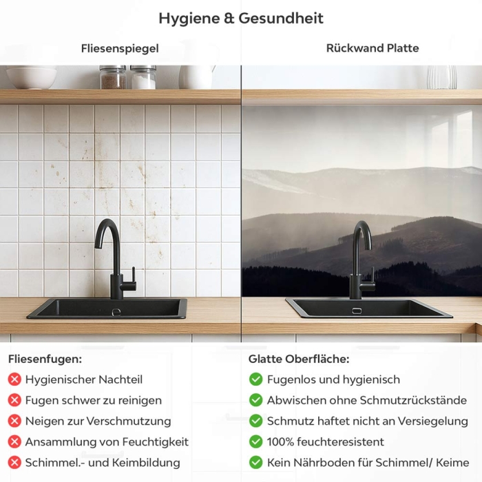 Küchenrückwand Platte Dezente Berglandschaft Produktdetailbild 2: Hygiene und Gesundheit!