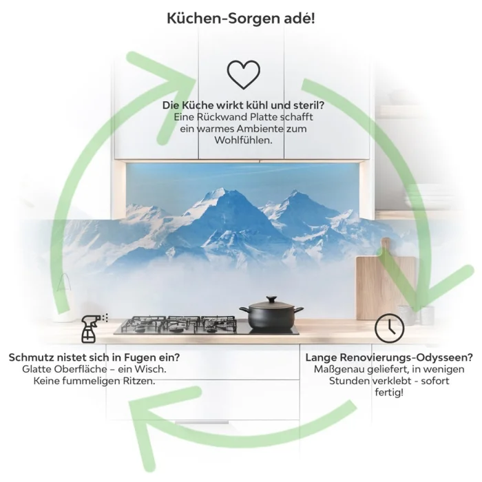 Küchenrückwand Platte Berge im Eisigem Gletscher Produktdetailbild 1: Küchen-Sorgen ade!